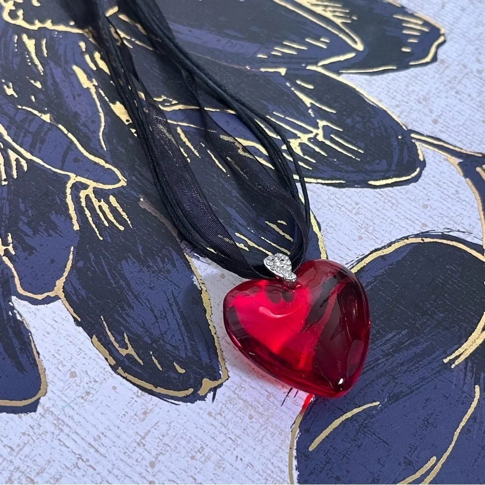 Vintage 1990s red glass heart CZ black Gothic sheer ribbon with silver necklace